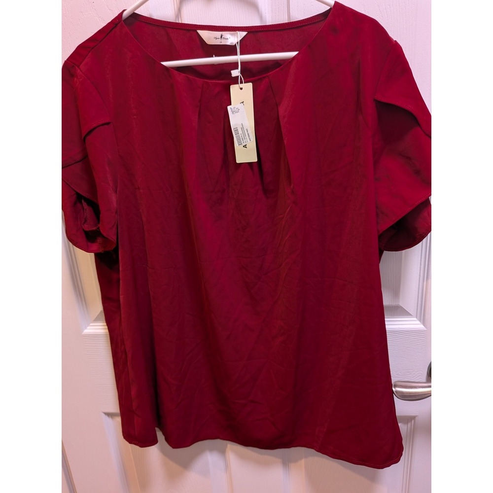 Agnes Orinda Plus Size 1X Burgundy Wine Petal Sleeve Pleated Neck Blouse NWT